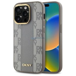 DKNY DKHMP14LPCPVSLE Leather Checkered Mono Pattern MagSafe-kompatibilis keménytok iPhone 14 Pro - bézs