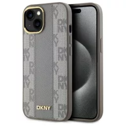   DKNY DKHMP15MPCPVSLE Leather Checkered Mono Pattern MagSafe-kompatibilis keménytok iPhone 15 Plus - bézs