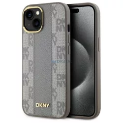  DKNY DKHMP15MPCPVSLE Leather Checkered Mono Pattern MagSafe-kompatibilis keménytok iPhone 15 Plus - bézs