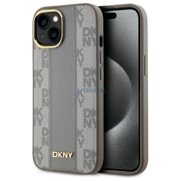 DKNY DKHMP15MPCPVSLE Leather Checkered Mono Pattern MagSafe-kompatibilis keménytok iPhone 15 Plus - bézs