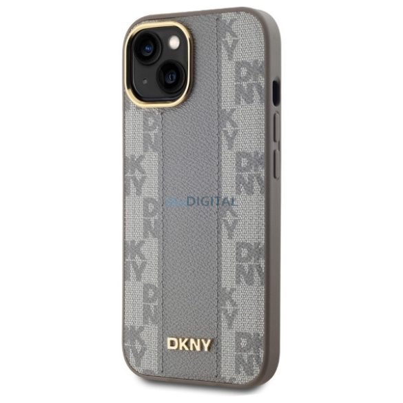 DKNY DKHMP15MPCPVSLE Leather Checkered Mono Pattern MagSafe-kompatibilis keménytok iPhone 15 Plus - bézs