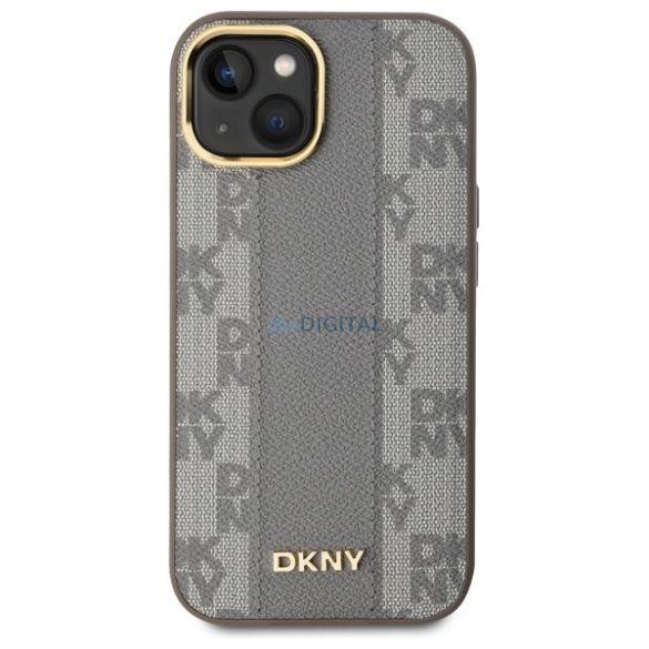 DKNY DKHMP15MPCPVSLE Leather Checkered Mono Pattern MagSafe-kompatibilis keménytok iPhone 15 Plus - bézs