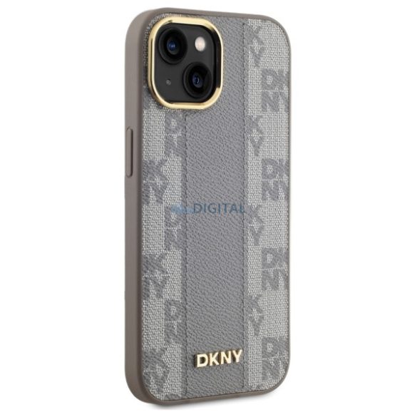 DKNY DKHMP15MPCPVSLE Leather Checkered Mono Pattern MagSafe-kompatibilis keménytok iPhone 15 Plus - bézs