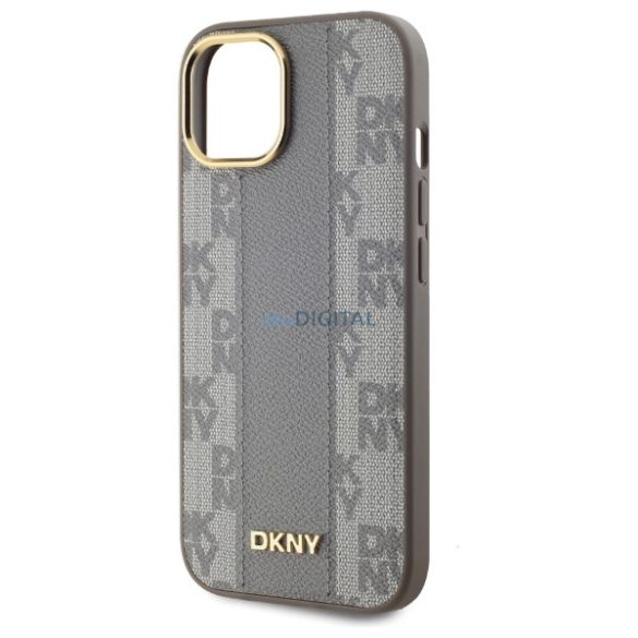 DKNY DKHMP15MPCPVSLE Leather Checkered Mono Pattern MagSafe-kompatibilis keménytok iPhone 15 Plus - bézs