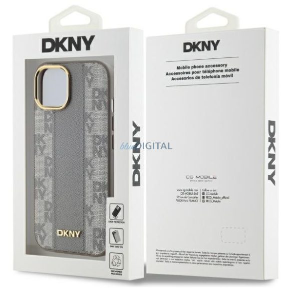 DKNY DKHMP15MPCPVSLE Leather Checkered Mono Pattern MagSafe-kompatibilis keménytok iPhone 15 Plus - bézs