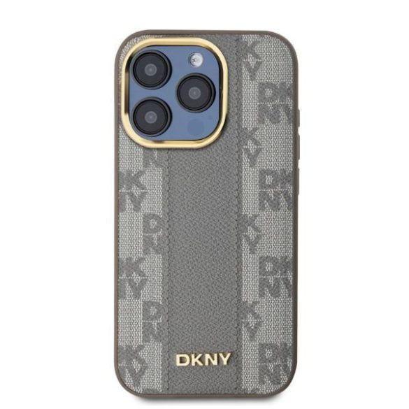 DKNY DKHMP15LPCPVSLE Leather Checkered Mono Pattern MagSafe keménytok iPhone 15 Pro - bézs