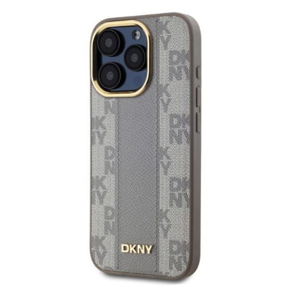 DKNY DKHMP15LPCPVSLE Leather Checkered Mono Pattern MagSafe keménytok iPhone 15 Pro - bézs