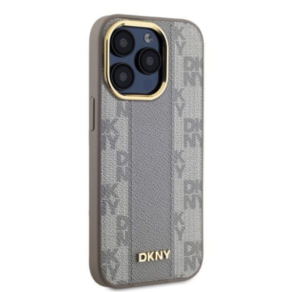 DKNY DKHMP15LPCPVSLE Leather Checkered Mono Pattern MagSafe keménytok iPhone 15 Pro - bézs