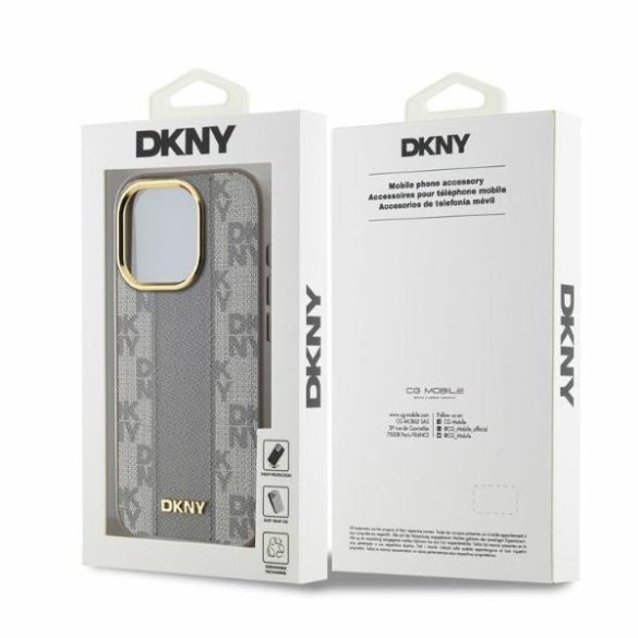 DKNY DKHMP15LPCPVSLE Leather Checkered Mono Pattern MagSafe keménytok iPhone 15 Pro - bézs