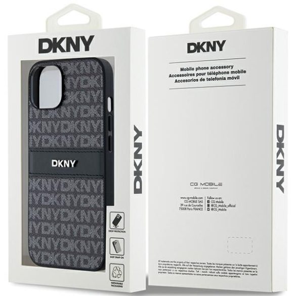 DKNY DKHCP14SPRTHSLK Leather Mono Stripe & Metal Logo tok iPhone 14 / 15 / 13 - fekete