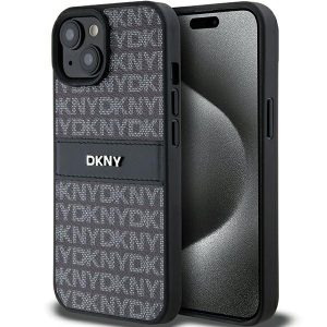 DKNY DKHCP15SPRTHSLK Leather Mono Stripe & Metal Logo tok iPhone 15 / 14 / 13 - fekete