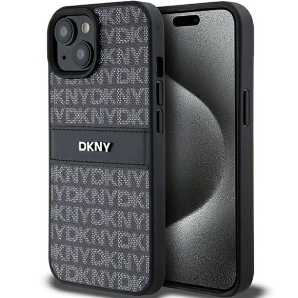 DKNY DKHCP15MPRTHSLK Leather Mono Stripe & Metal Logo tok iPhone 15 Plus / 14 Plus - fekete