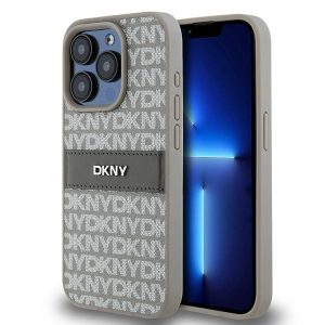 DKNY DKHCP15LPRTHSLE Leather Mono Stripe & Metal Logo tok iPhone 15 Pro - bézs