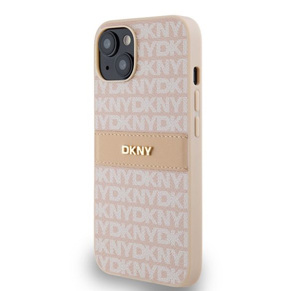 DKNY DKHCP14SPRTHSLP Leather Mono Stripe & Metal Logo tok iPhone 14 / 15 / 13 - rózsaszín