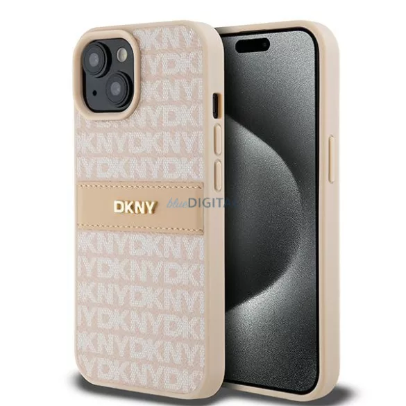 DKNY DKHCP15MPRTHSLP Leather Mono Stripe & Metal Logo Case tok iPhone 15 Plus - rózsaszín