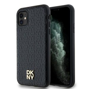 DKNY DKHMN61PSHRPSK Leather Monogram Pattern Metal Logo MagSafe-kompatibilis tok iPhone 11 / Xr - fekete