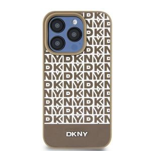 DKNY DKHMP15SPSOSPW Leather Printed Pattern Metal Logo MagSafe-kompatibilis tok iPhone 15 - barna