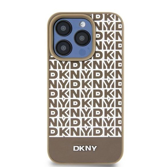 DKNY DKHMP15SPSOSPW Leather Printed Pattern Metal Logo MagSafe-kompatibilis tok iPhone 15 / 14 / 13 - barna