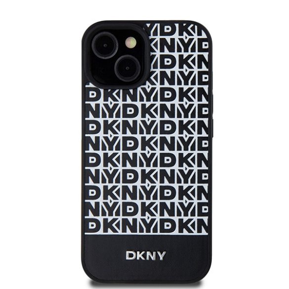 DKNY DKHMP15SPSOSPK Leather Printed Pattern Metal Logo MagSafe-kompatibilis tok iPhone 15 / 14 / 13 - fekete