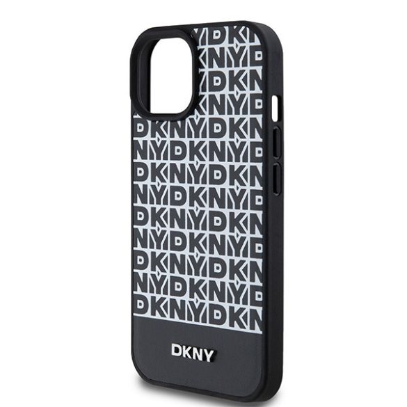 DKNY DKHMP15SPSOSPK Leather Printed Pattern Metal Logo MagSafe-kompatibilis tok iPhone 15 / 14 / 13 - fekete