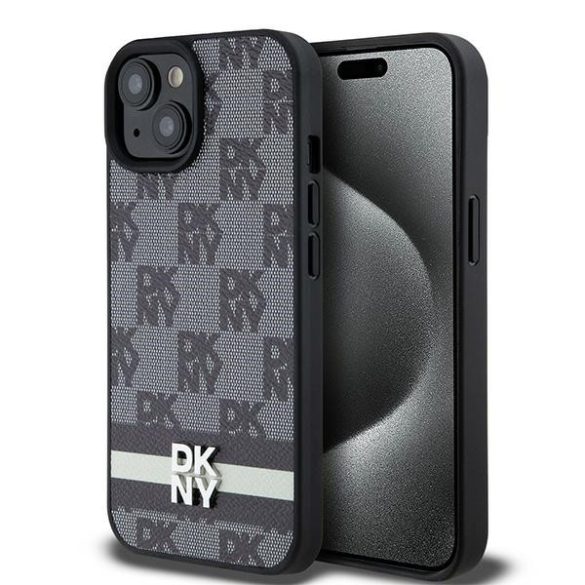 DKNY DKHCP15SPCPTSSK Leather Checkered Mono Pattern & Printed Stripes tok iPhone 15 / 14 / 13 - fekete