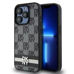   DKNY DKHCP15LPCPTSSK Leather Checkered Mono Pattern & Printed Stripes tok iPhone 15 Pro - fekete