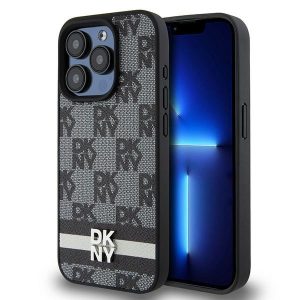 DKNY DKHCP15LPCPTSSK Leather Checkered Mono Pattern & Printed Stripes tok iPhone 15 Pro - fekete