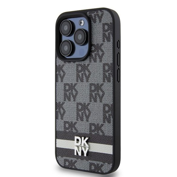 DKNY DKHCP15LPCPTSSK Leather Checkered Mono Pattern & Printed Stripes tok iPhone 15 Pro - fekete