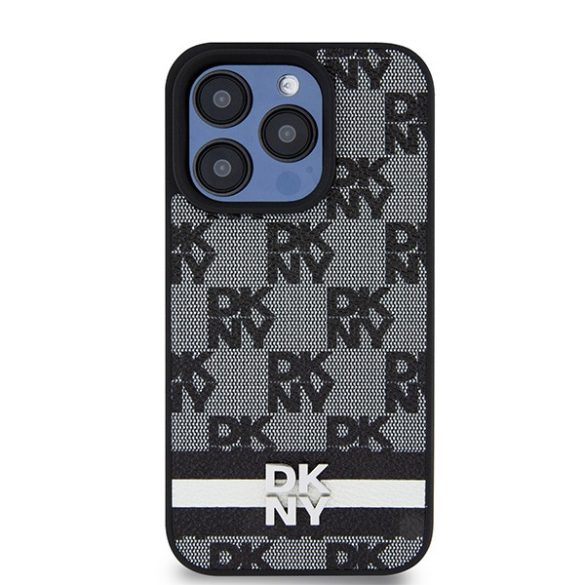 DKNY DKHCP15LPCPTSSK Leather Checkered Mono Pattern & Printed Stripes tok iPhone 15 Pro - fekete