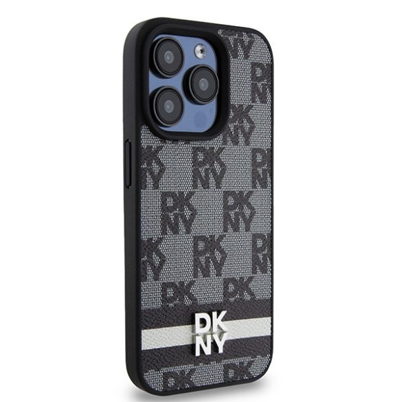 DKNY DKHCP15LPCPTSSK Leather Checkered Mono Pattern & Printed Stripes tok iPhone 15 Pro - fekete