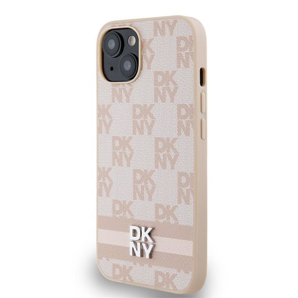 DKNY DKHCP14SPCPTSSP Leather Checkered Mono Pattern & Printed Stripes tok iPhone 14 / 15 / 13 - rózsaszín