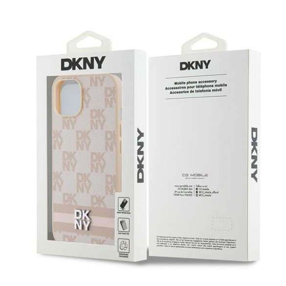 DKNY DKHCP14SPCPTSSP Leather Checkered Mono Pattern & Printed Stripes tok iPhone 14 / 15 / 13 - rózsaszín