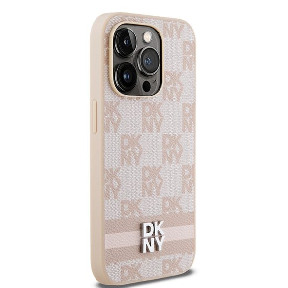 DKNY DKHCP14LPCPTSSP Leather Checkered Mono Pattern & Printed Stripes tok iPhone 14 Pro - rózsaszín