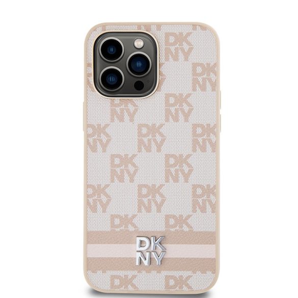 DKNY DKHCP14XPCPTSSP Leather Checkered Mono Pattern & Printed Stripes tok iPhone 14 Pro Max - rózsaszín