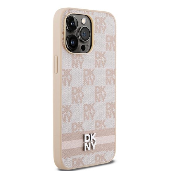 DKNY DKHCP14XPCPTSSP Leather Checkered Mono Pattern & Printed Stripes tok iPhone 14 Pro Max - rózsaszín