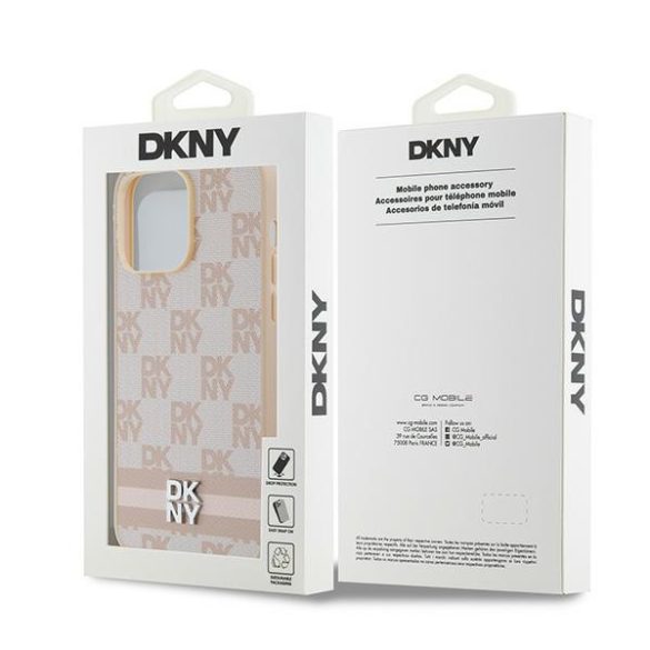 DKNY DKHCP14XPCPTSSP Leather Checkered Mono Pattern & Printed Stripes tok iPhone 14 Pro Max - rózsaszín