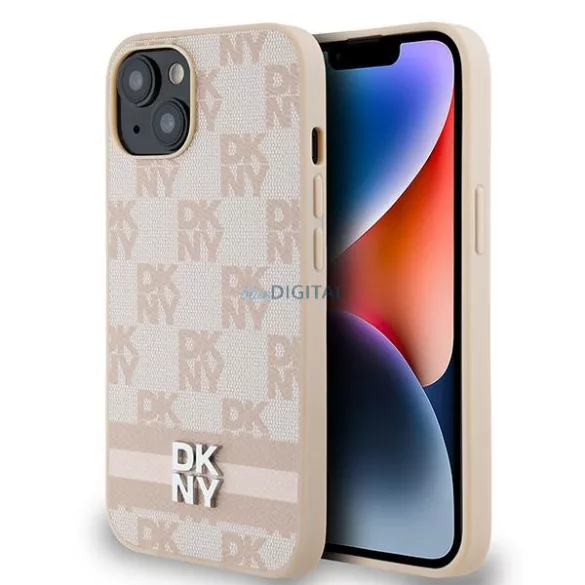 DKNY DKHCP15MPCPTSSP Leather Checkered Mono Pattern & Printed Stripes tok iPhone 15 Plus - rózsaszín