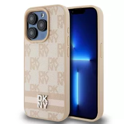   DKNY DKHCP15LPCPTSSP Leather Checkered Mono Pattern & Printed Stripes tok iPhone 15 Pro - rózsaszín