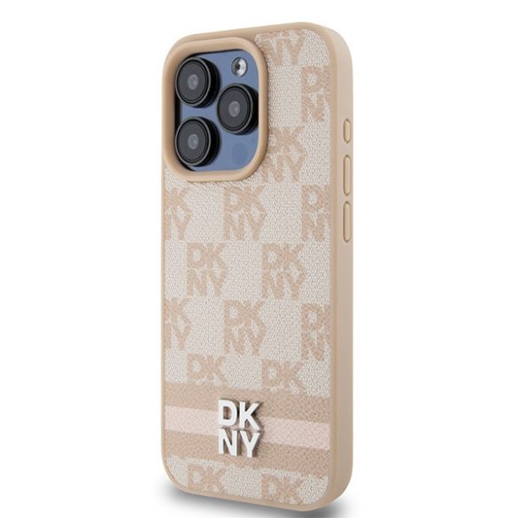 DKNY DKHCP15LPCPTSSP Leather Checkered Mono Pattern & Printed Stripes tok iPhone 15 Pro - rózsaszín