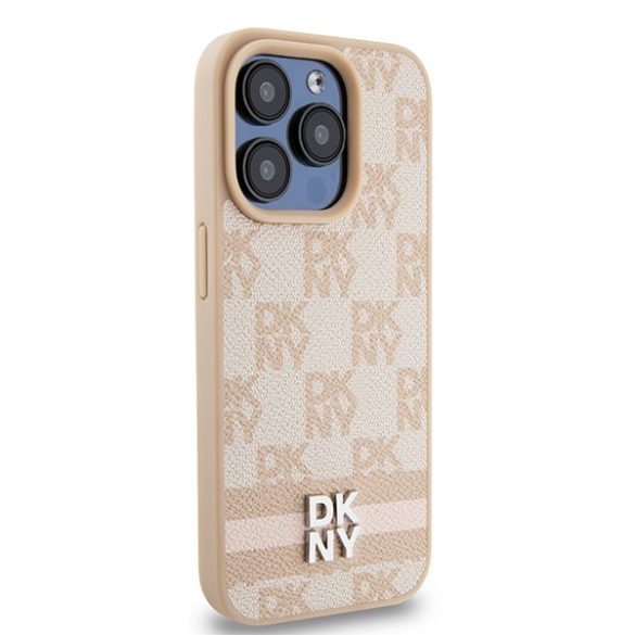 DKNY DKHCP15LPCPTSSP Leather Checkered Mono Pattern & Printed Stripes tok iPhone 15 Pro - rózsaszín