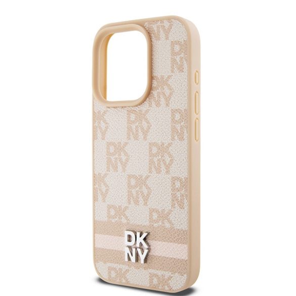 DKNY DKHCP15LPCPTSSP Leather Checkered Mono Pattern & Printed Stripes tok iPhone 15 Pro - rózsaszín