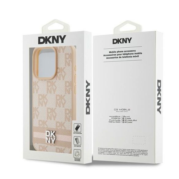 DKNY DKHCP15LPCPTSSP Leather Checkered Mono Pattern & Printed Stripes tok iPhone 15 Pro - rózsaszín