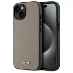   DKNY DKHMP15SPGHLME Grained Metal Logo MagSafe-kompatibilis tok iPhone 15 - bézs