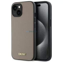   DKNY DKHMP15SPGHLME Grained Metal Logo MagSafe-kompatibilis tok iPhone 15 - bézs
