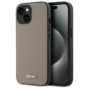 DKNY DKHMP15SPGHLME Grained Metal Logo MagSafe-kompatibilis tok iPhone 15 - bézs