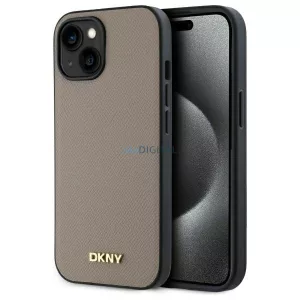 DKNY DKHMP15SPGHLME Grained Metal Logo MagSafe-kompatibilis tok iPhone 15 - bézs