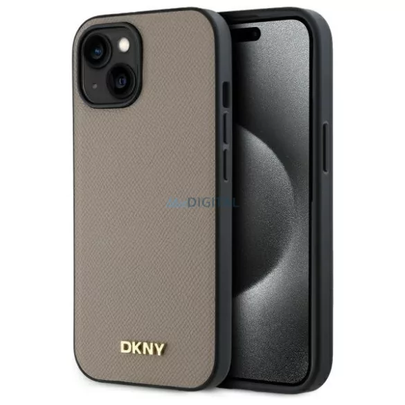 DKNY DKHMP15SPGHLME Grained Metal Logo MagSafe-kompatibilis tok iPhone 15 - bézs