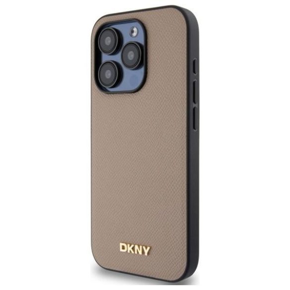 DKNY DKHMP15LPGHLME Grained Metal Logo MagSafe-kompatibilis tok iPhone 15 Pro - bézs