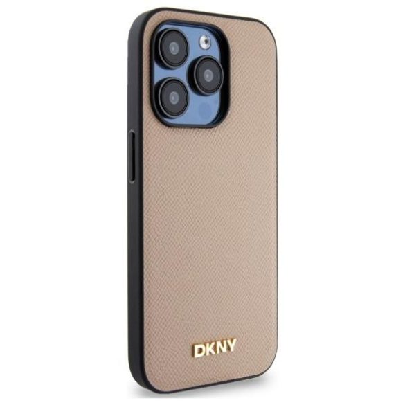 DKNY DKHMP15LPGHLME Grained Metal Logo MagSafe-kompatibilis tok iPhone 15 Pro - bézs