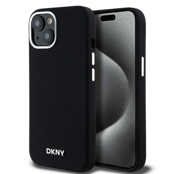 DKNY DKHMP14SSMCHLK Liquid Silicone Small Metal Logo MagSafe-kompatibilis tok iPhone 14 / 15 / 13 - fekete